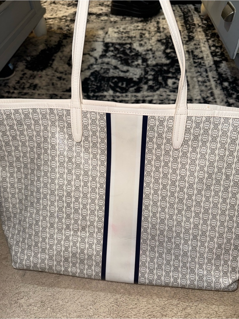 Tory Burch Gemini White Tote with Navy Center Stripe - Picture 2 of 4